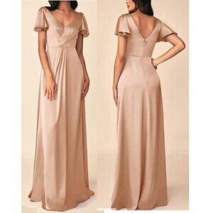 Azazie Champagne Maxi Dress with Flutter Sleeves
